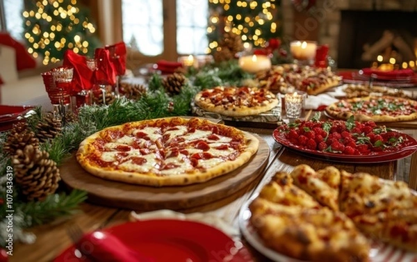 Fototapeta Holiday Pizza Party Table “ Large table setup with various pizzas, holiday-themed decorations, pinecones, and red tableware, capturing the spirit of a festive feast 
