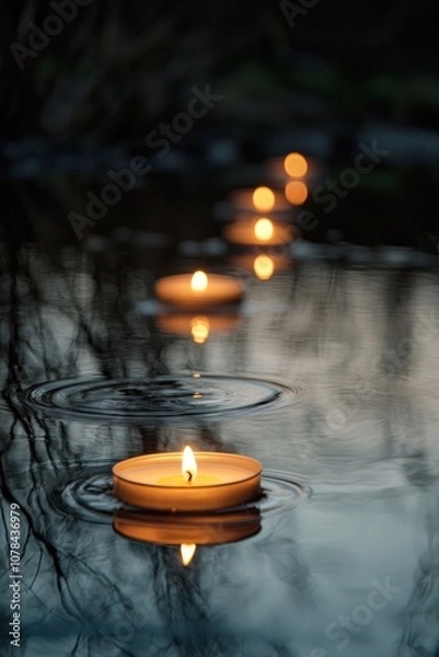 Fototapeta A group of candles floating on a still pond at dusk, creating delicate reflections on the water's surface. 
