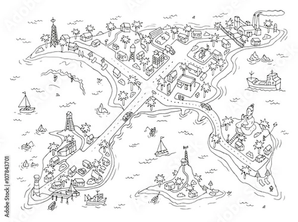 Obraz Doodle islands map. Top view of the islands. Isolated.
