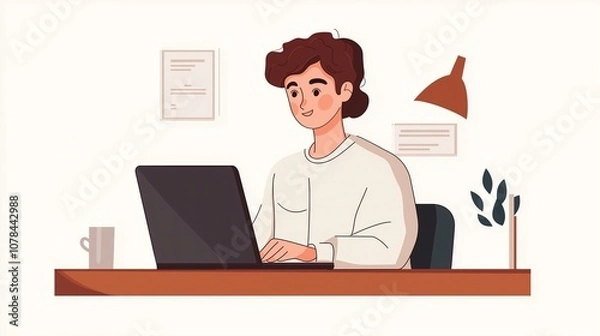 Fototapeta Young professional woman working on a laptop, managing her online store with a focused expression.