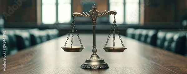 Obraz Balanced scale of justice set against a courtroom backdrop representing fairness and law.