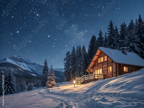 Obraz Snowy cabin under starry sky in winter.