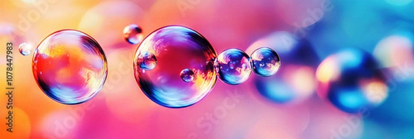 Fototapeta Experience the serene charm of transparent bubbles gliding through the air, each reflecting soft rainbow tones and illuminated by delicate light against a vibrant pink backdrop, banner