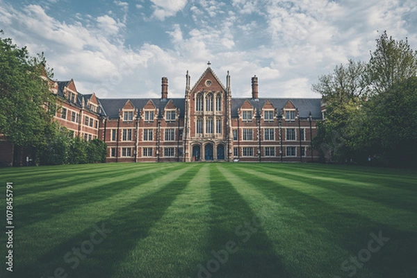 Fototapeta A grand brick college building with symmetrical design and a vibrant green lawn under a cloudy sky
