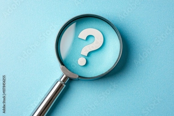 Fototapeta A magnifier focus on a questionmark icon at a clean colored background
