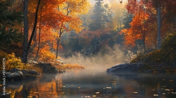 Fototapeta A misty morning in a forest with colorful autumn leaves reflected in a still river.