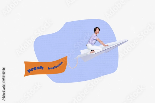 Fototapeta Composite photo collage of happy girl fly paper plane fresh business startup development founding job isolated on painted background