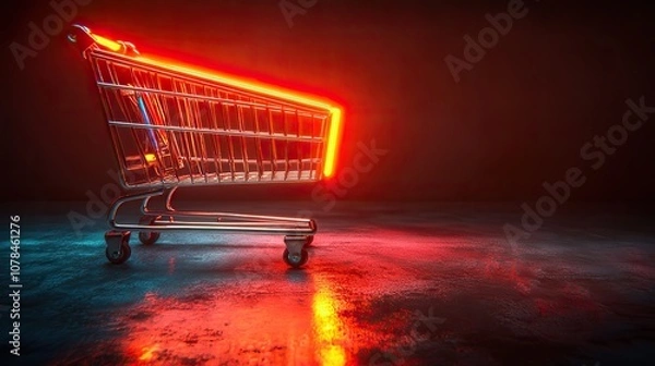 Fototapeta shopping cart with dark neon light effect 3d rendering