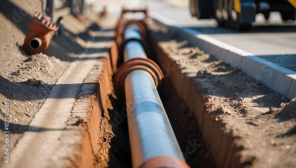 Obraz Large pipe installation in roadside trench for utility infrastructure.
