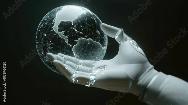 Fototapeta A robotic hand delicately holds a glass globe, representing the world in its palm, against a dark background.