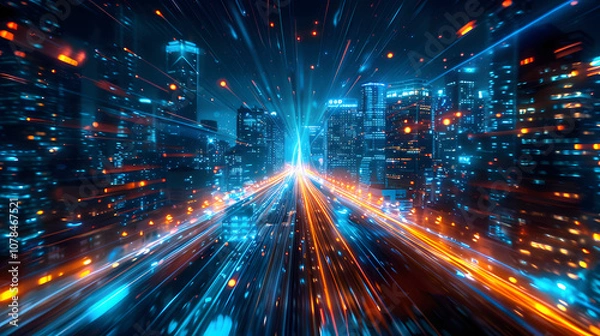 Obraz Abstract background of high speed global data transfer and super fast broadband in futuristic tech city at night