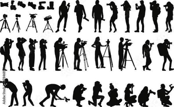 Obraz people taking pictures, filming video silhouette set in flat style, vector