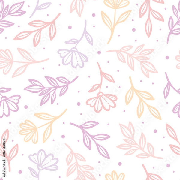 Fototapeta Cute pastel floral print, flower and leaf illustration vector repeat pattern, seamless tile design