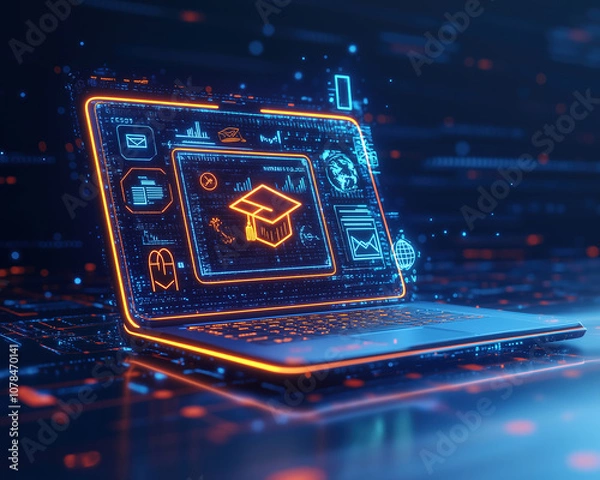 Fototapeta Online education, futuristic laptop with holographic graduation cap icon, digital learning, e-learning, internet education, knowledge, studying, webinar, online course, skill development, technology, 