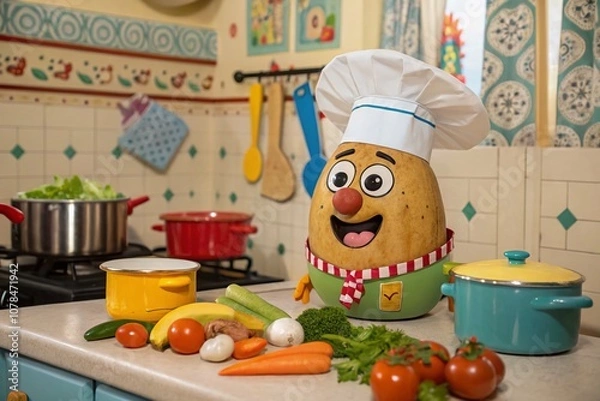 Fototapeta Charming Little Potato Man Chef in a Whimsical Kitchen, Mastering Culinary Delights with Humor and Creativity, Surrounded by Colorful Ingredients and Playful Kitchenware