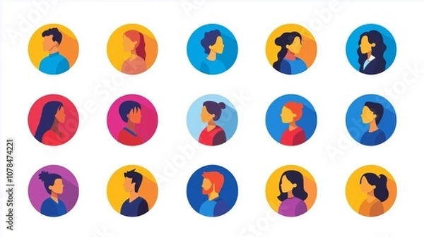 Fototapeta Profile icons of people in round avatars on colorful backgrounds