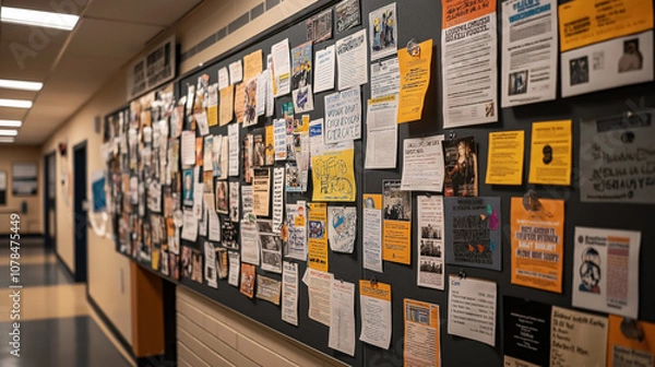 Fototapeta Hallway bulletin board filled with assorted flyers, posters, and notices on gray background in an academic or community center setting.
