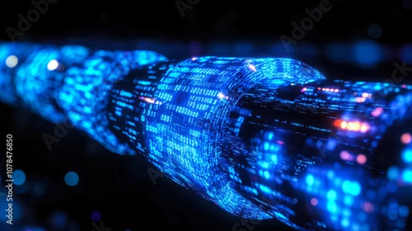 Fototapeta Digital Pipeline with Glowing Blue Matrix Binary Code on Black Background