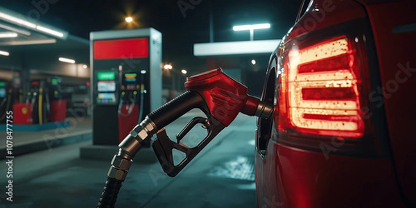 Obraz Close-up of fuel nozzle inserted into red car at gas station at night
