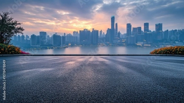 Fototapeta Empty asphalt road leading to a modern cityscape with a cloudy sunrise.