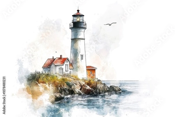 Fototapeta Watercolour sketch of a lighthouse at the seaside, seascape.
