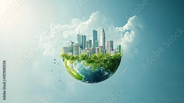 Fototapeta A sustainable planet with a clean, modern city powered by renewable energy sources. An environmental vision of alternative, eco-friendly energy for a greener future.