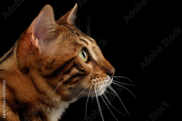 Fototapeta Closeup Portrait Bengal Cat on Black Isolated Background in Profile