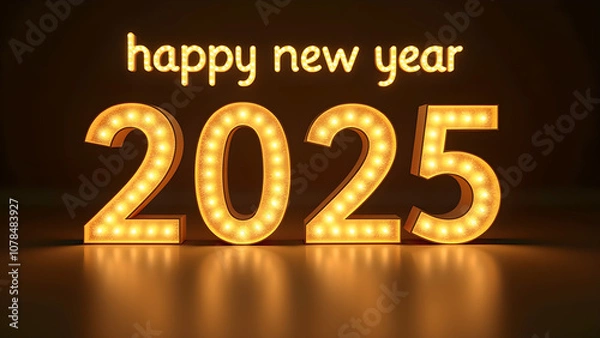 Fototapeta Golden glowing 2025 light bulb numbers with happy new year text for a New Year's celebration.