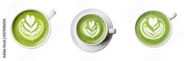 Fototapeta Three cups of latte art showcasing intricate green designs resembling leaves and hearts.