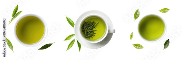 Fototapeta Three cups of vibrant green tea surrounded by fresh leaves, showcasing the beverage's rich color and natural elements.