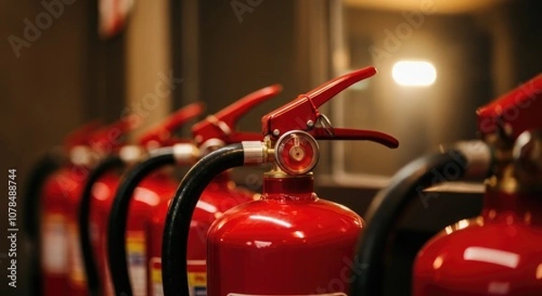 Fototapeta Red Fire Extinguishers Lined Up Ready for Emergency Use