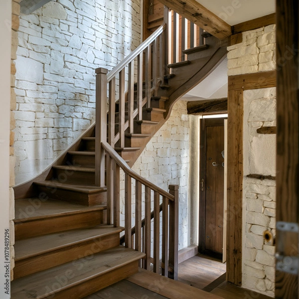 Fototapeta Wooden staircase and stone cladding wall in rustic hallway. Cozy home interior design of modern entrance hall with door.