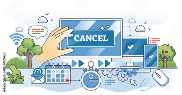 Fototapeta Click-to-cancel concept with hand, cancel button, and digital devices, transparent background.