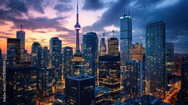 Fototapeta Toronto skyline at sunset with the CN Tower in the background.