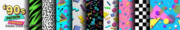 Fototapeta Colección de Patrones Sin Costuras de los 90. Conjunto de patrones vivos, modernos y de estilo retro de los años 1990. Gráficos abstractos, llamativos y vintage para telas, textiles y ropa