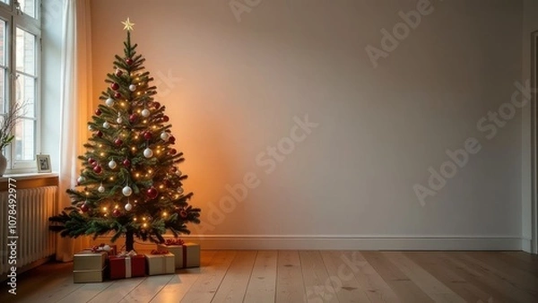 Obraz Scene mockup concept with Christmas tree, gifts, lights. A cozy holiday home stage, decorated room Center is empty and ready for a performance or text