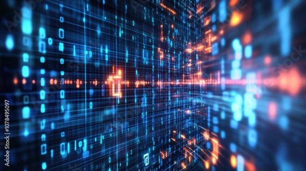 Fototapeta Abstract Digital Data Flow with Bright Lights and Binary Code