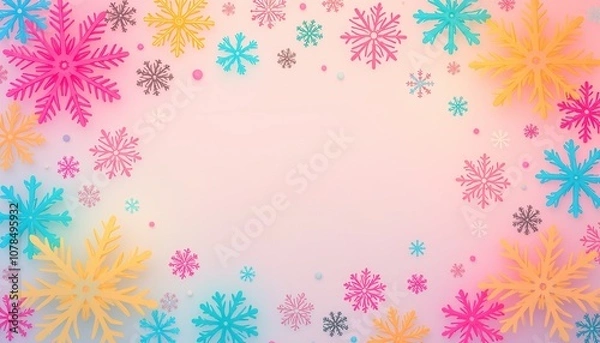 Fototapeta Colorful Christmas background with patterned snowflakes and copy space