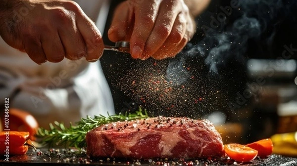 Obraz Closeup of chef's hands seasoning a raw steak with salt and pepper.