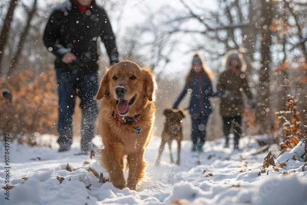 Fototapeta A golden retriever happily trots through fresh snow, with two people and another dog walking behind in a winter setting. The sunlight filters through the trees, creating a serene atmosphere