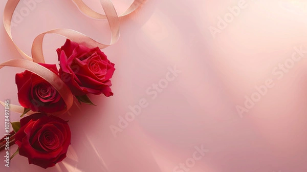 Obraz Valentine's Day Background with Red Roses and Pink Ribbon