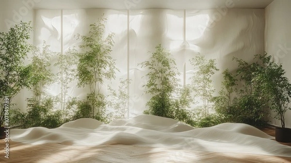 Fototapeta A serene indoor space with soft textures and greenery, promoting tranquility and nature.