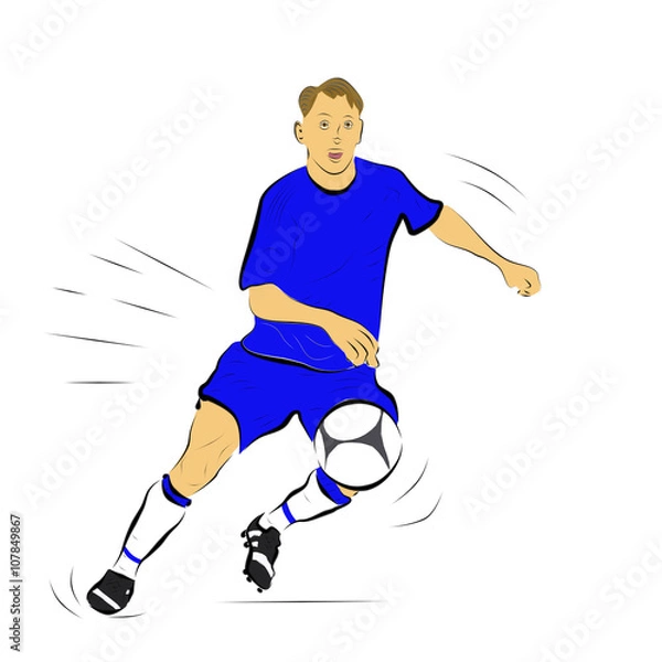 Obraz футболист бежит за мячом, абстрактный рисунок, эскиз  в цвете на белом фоне   