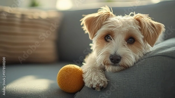 Fototapeta A small dog rests on a sofa. The dog's soft fur and curious expression make it perfect for pet product ads.