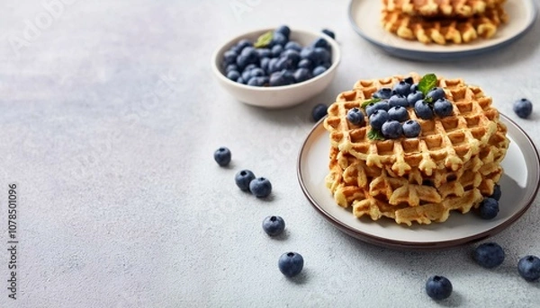 Obraz easy healthy gluten free oat waffles with copy space appetizing homemade waffles with oat flour decorated blueberries on plates over light gray cement background