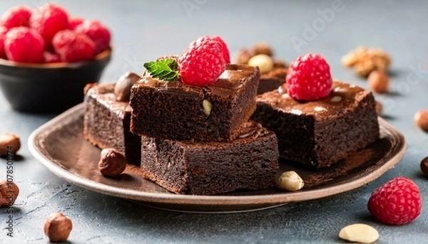 Fototapeta chocolate brownies with raspberries and hazelnuts chocolate cake