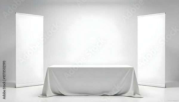 Fototapeta A white table in an empty white room and blank white banner boards for signage copy space, trade show exhibition set up