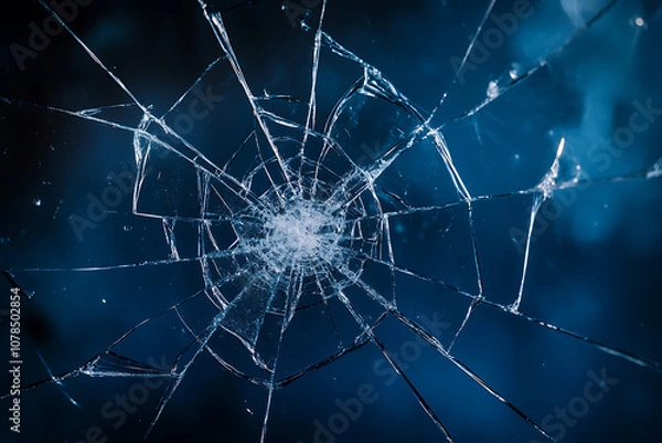 Fototapeta Cracked glass on a dark blue background creating an abstract pattern of broken lines and shards