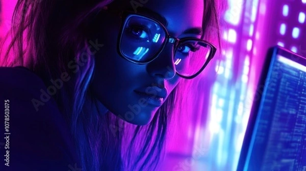 Obraz A young woman wearing glasses looks intently at a computer screen, illuminated by neon lights in a futuristic setting.