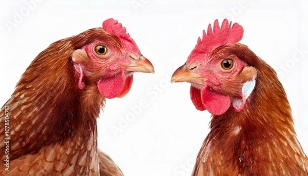 Fototapeta two curious chicken closeup isolated on white background